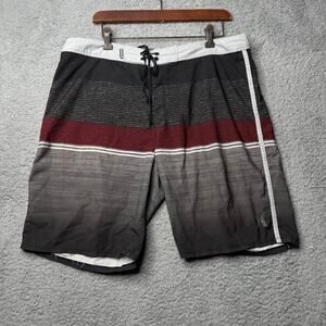 Hurley Phantom Board Shorts Mens 34 Gray and Red Striped Swim Trunks